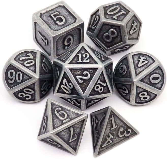 Tbrand Metal dice Set 7-Piece polyhedral Dragon Scale Metal dice Suitable for Dungeons and Dragons RPG dice Black Ancient Silver 