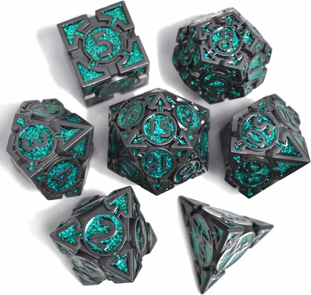The Best D&D Dice Sets for Every Budget: 15 Cool Dice for RPGs - cool dnd dice - d20 dice for RPGs - best dice for D&D - Metal DND dice set blue teal crystal on gun metal
