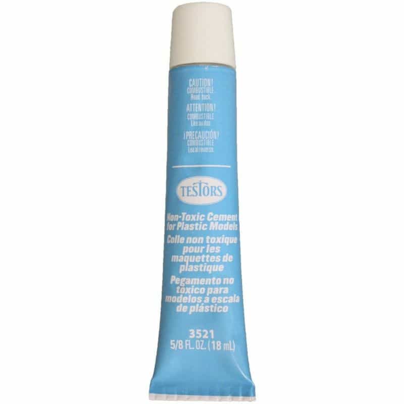 Testors non-toxic plastic cement tube for safer miniature and model kit assembly.