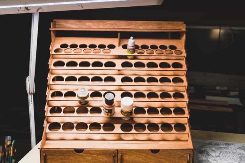 front view of paint rack with representative paints