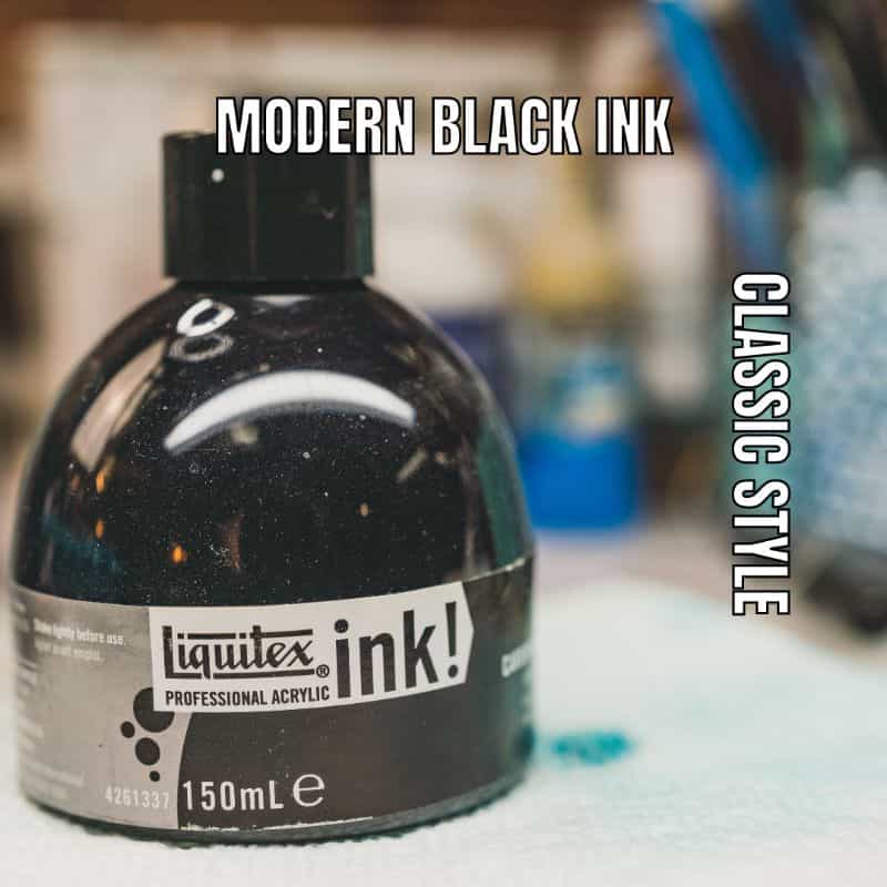 Wash, Ink and Shade: What's the Difference? A bottle of black acrylic ink from liquitex