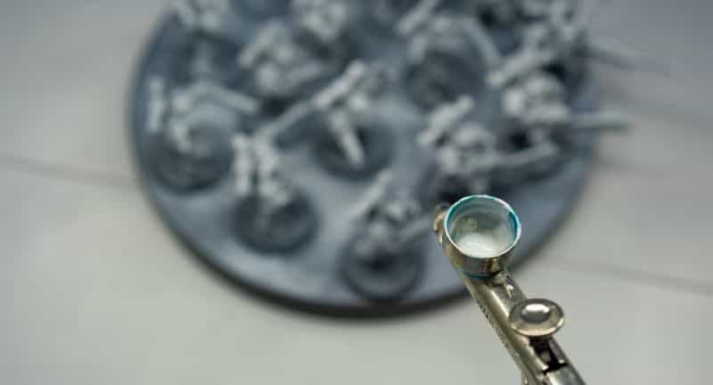 Airbrushing Indoors, No Window? Here's How You Can Safely! - how to airbrush indoors safely - tips for safer airbrushing miniatures - close up airbrush