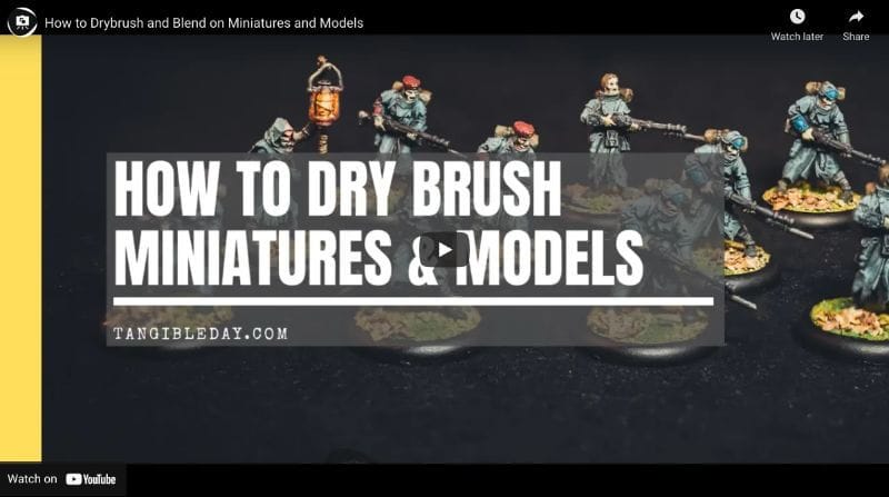 Video tutorial thumbnail showing step-by-step dry brushing on miniatures.