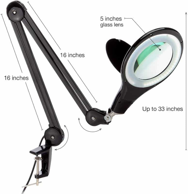 Brightech LightView PRO Magnifying Desk Lamp review - magnifying lamp user review - recommended hobby magnifying lamp - dimension schematic