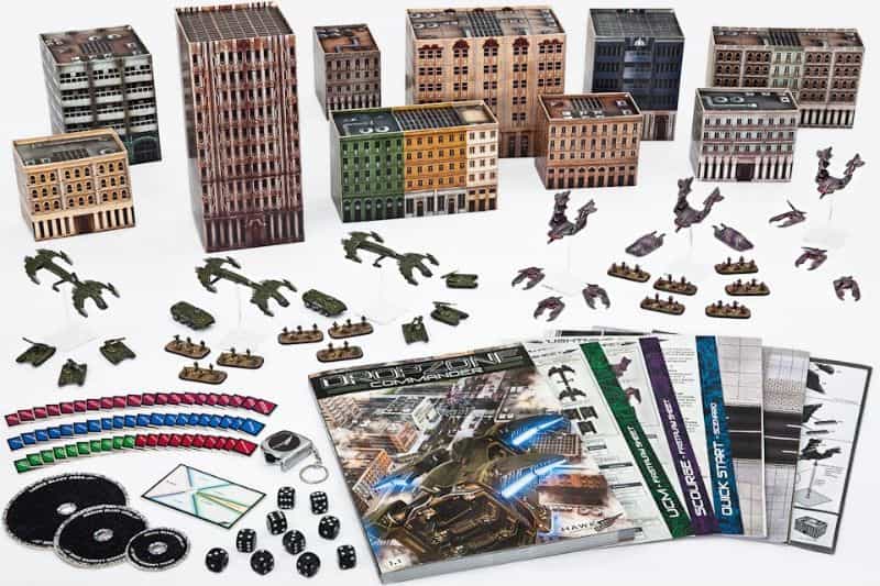 Best tabletop miniature games - Miniature wargaming - what is tabletop wargaming - popular wargames with miniatures - dropzone commander starter set with 3D papercraft buildings and 10mm scale models