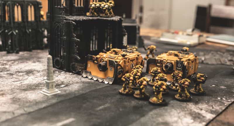 Warhammer 40k JoyToy Action Figure Review - Imperial fists on a tabletop miniature battlefield low angle photography with matte filter