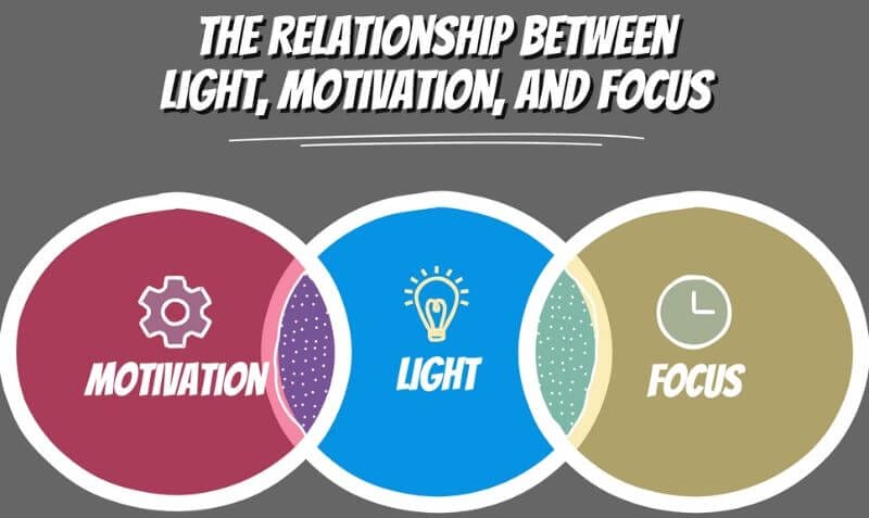 A relationship between light, focus, and motivation for humans - diagram illustration for the power of good hobby light