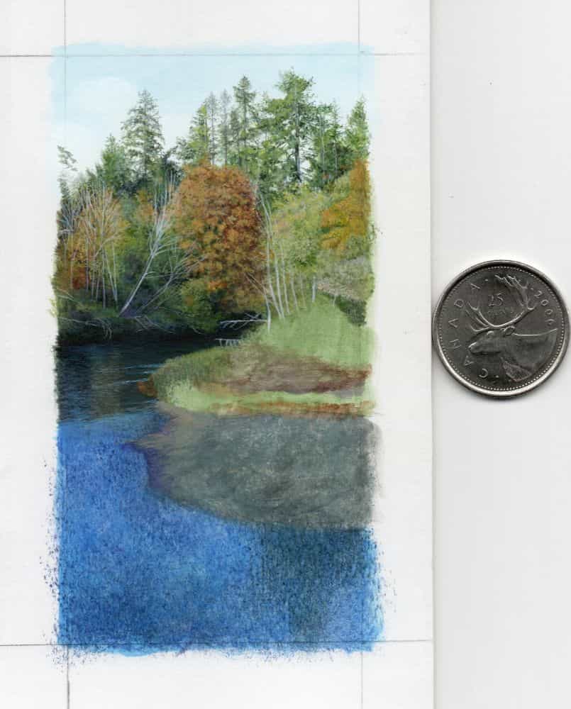 Tiffany Hastie: A Traditional Miniature Artist Enters the 3D Miniature World - Refining details of the trees and leaves in the background