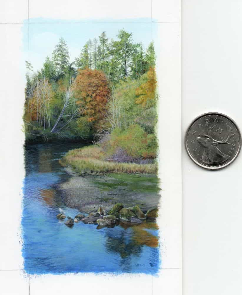 Tiffany Hastie: A Traditional Miniature Artist Enters the 3D Miniature World - Finished painting with coin for scale