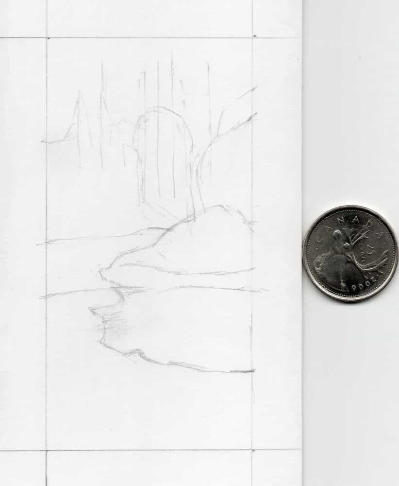 Tiffany Hastie: A Traditional Miniature Artist Enters the 3D Miniature World -  Pencil outline for miniature painting on paper with coin for scale