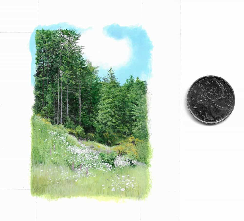 Tiffany Hastie: A Traditional Miniature Artist Enters the 3D Miniature World - Forest Meadows painting with coin