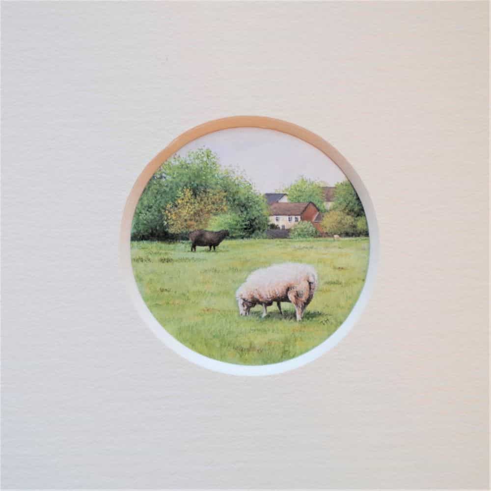 Tiffany Hastie: A Traditional Miniature Artist Enters the 3D Miniature World - Vignette painting of sheep on farm