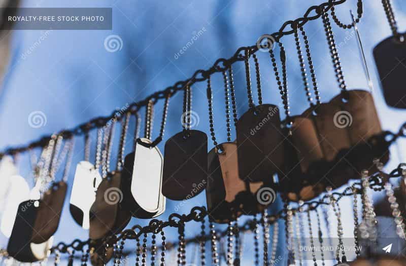Overcoming fear as a new stock photographer - fear of stock photography - miniature photography starting tips - dog tags hanging by a chain with sky backdrop