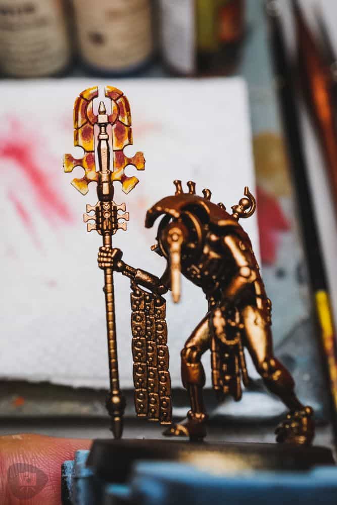 NMM metal painting in red and orange colored paint on a Necron 40k Warhammer model