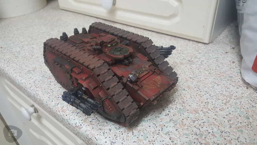 Gregory Culley: Grimdark Photography Methods and Madness -  how to take grimdark miniature photos - Warhammer land raider spartan assault tank with weathering effects