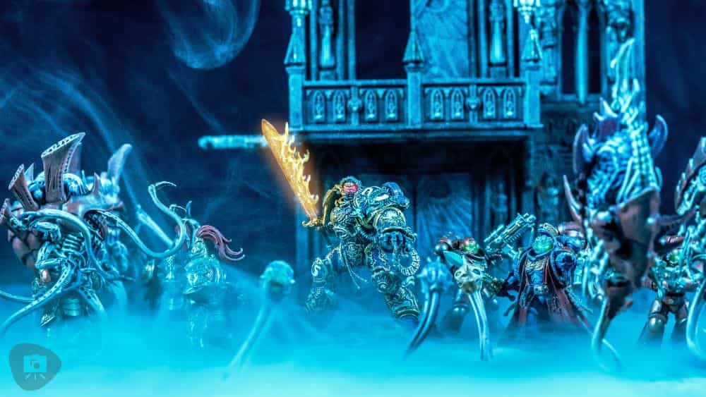 Gregory Culley: Grimdark Photography Methods and Madness -  how to take grimdark miniature photos - Blue hue image of space marines ultramarine vs tyranids