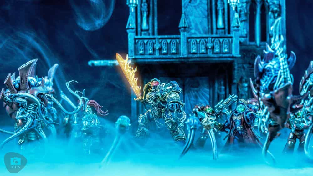 Gregory Culley: Grimdark Photography Methods and Madness - how to take grimdark miniature photos - Blue hue image of space marines ultramarine vs tyranids