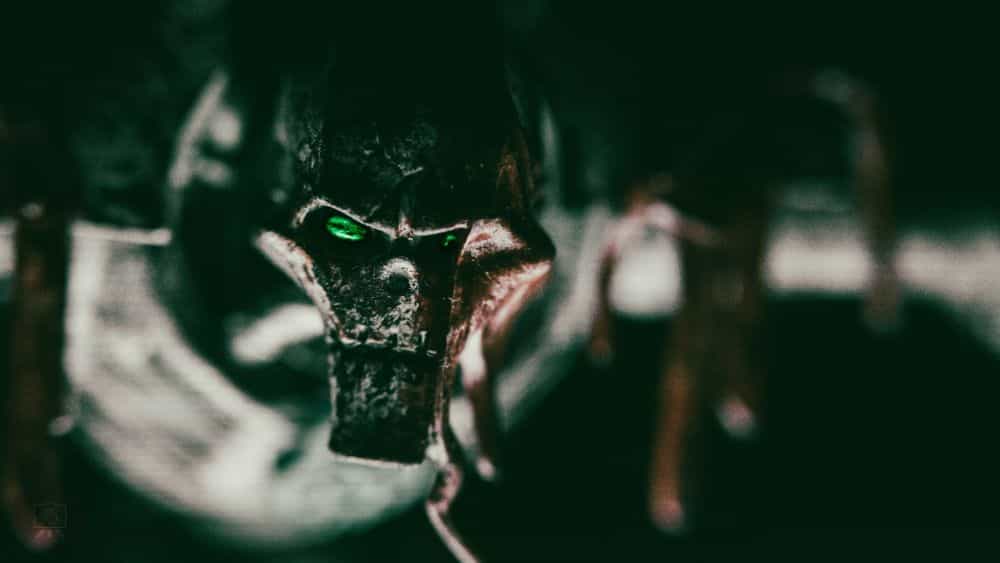 Gregory Culley: Grimdark Photography Methods and Madness -  how to take grimdark miniature photos - Necron close up macro face green glowy eyes