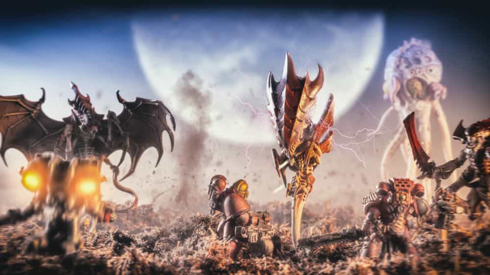 Gregory Culley: Grimdark Photography Methods and Madness - how to take grimdark miniature photos - Tyranid against blood angels warhammer 40k image