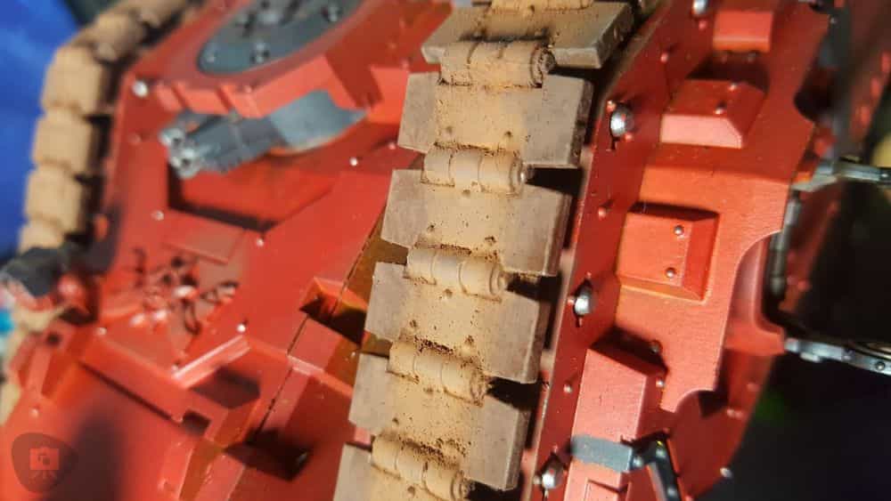 Gregory Culley: Grimdark Photography Methods and Madness - how to take grimdark miniature photos - close up tank tread with weathering pigments streaking grime