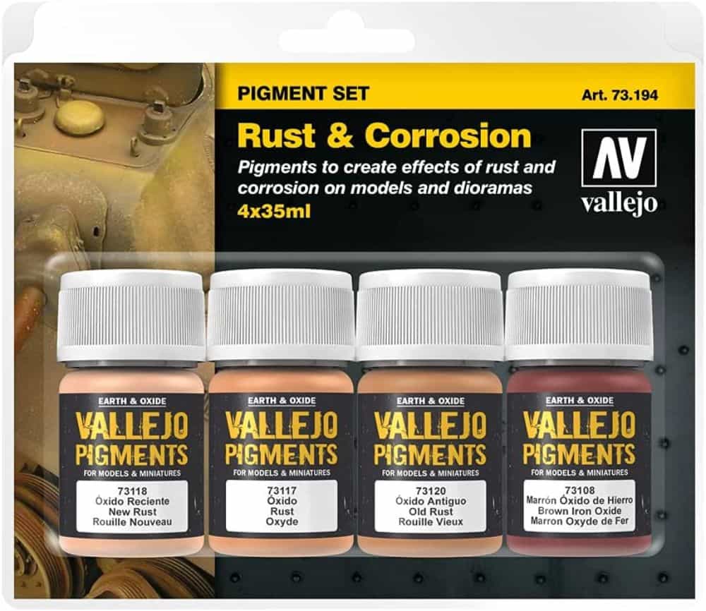 Miniature Basing Materials for Model Hobby Projects (Tips and Review) - best basing material for miniatures and models - Vallejo colored weathering pigments for rust and corrosion effects