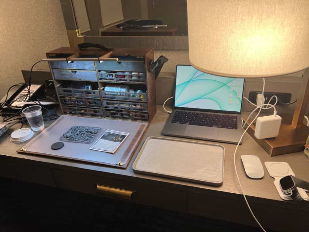 Laptop and hobby workstation in a hotel room 