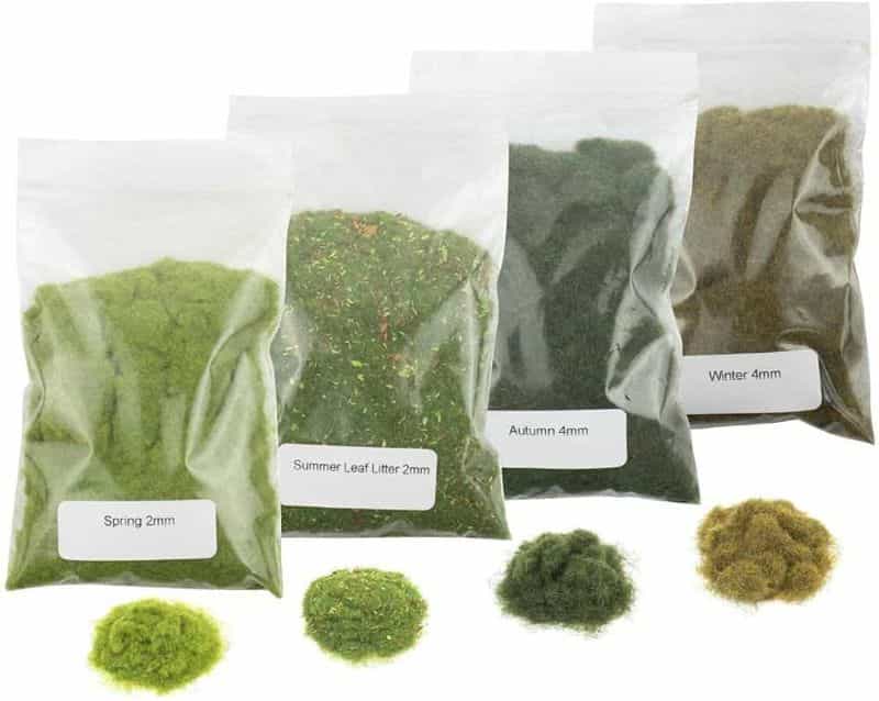 Miniature Basing Materials for Model Hobby Projects (Tips and Review) - best basing material for miniatures and models - Bags of static grass of different lengths and colors