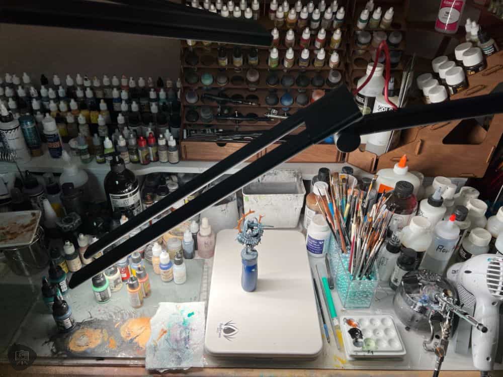 Redgrass games desk lamp review, redgrass games lamp review for painting miniatures, models, and art - Lamp led bars over my hobby desk space