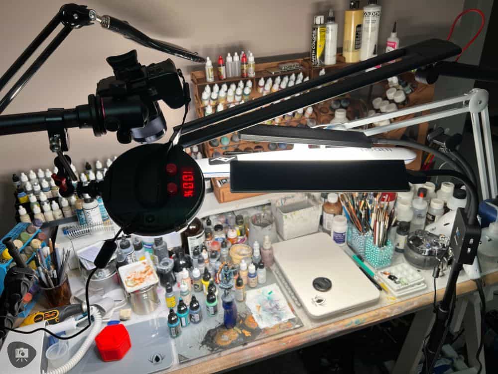 Redgrass games desk lamp review, redgrass games lamp review for painting miniatures, models, and art - operations over hobby desk with multiple lighting systems