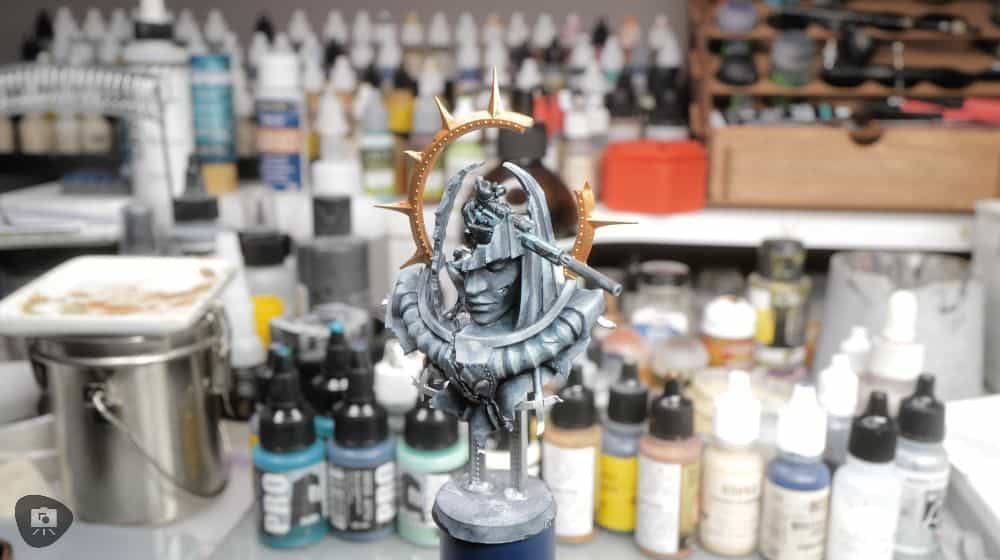 Redgrass games desk lamp review, redgrass games lamp review for painting miniatures, models, and art - shot on iphone of the WIP miniature