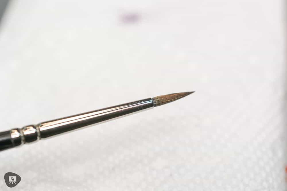 Miniature Paint Brush Care Tutorial - how to care for brushes for miniature painting - A pointed round bristle tip shaped, close up image