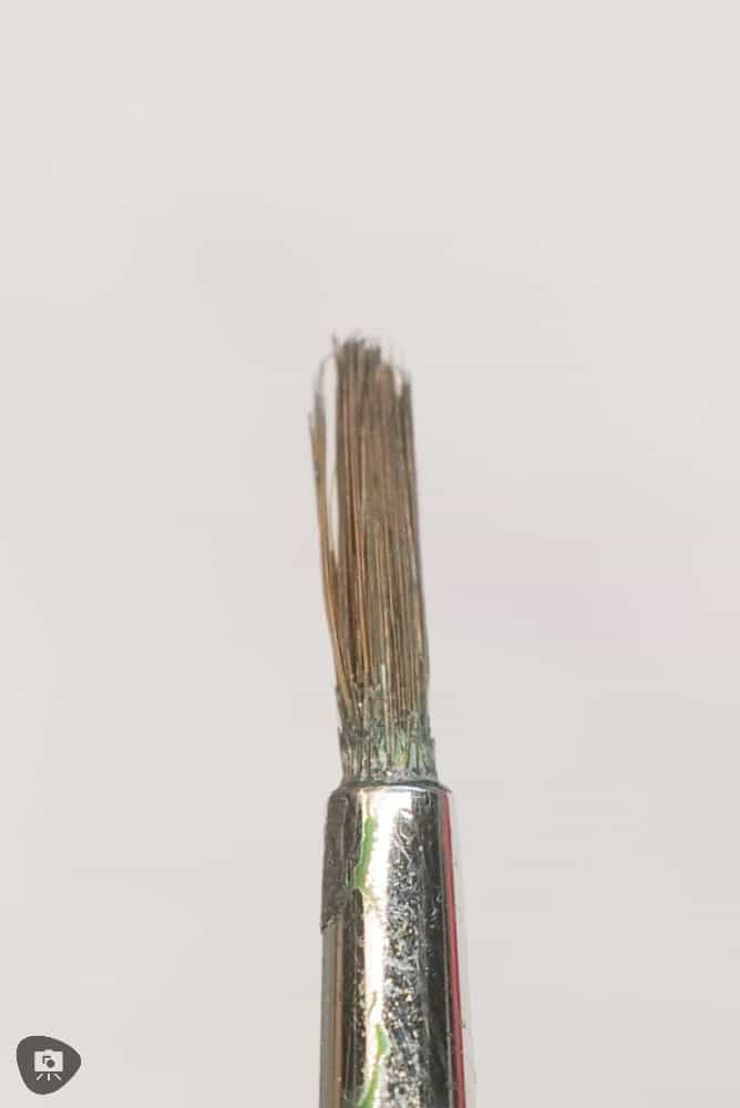 Miniature Paint Brush Care Tutorial - how to care for brushes for miniature painting - Caked up, dried acrylic paint in the bristles near and in the metal ferrule, macro photo