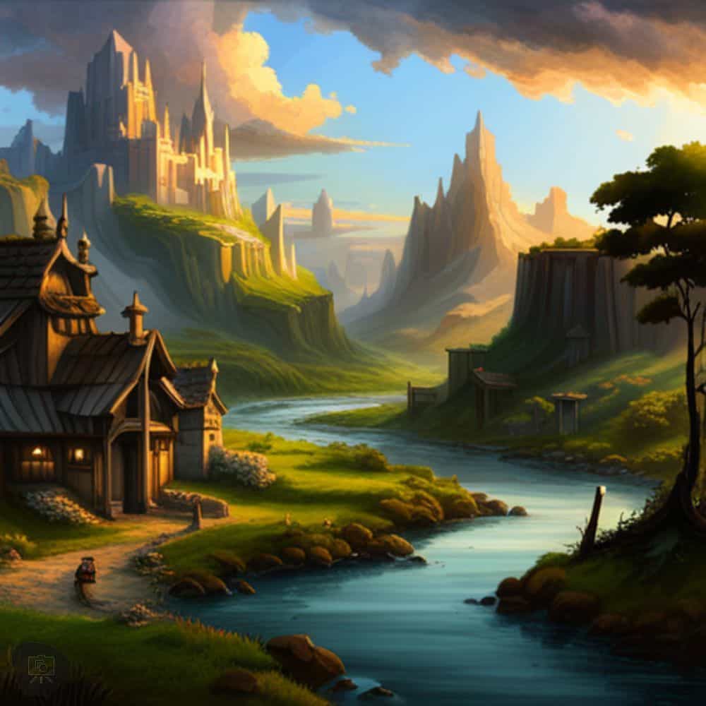 AI Enhanced Wargaming and Tabletop RPGs (Tips and Uses) - Sunset in a fantasy setting with a river or stream following through a illustrated landscape