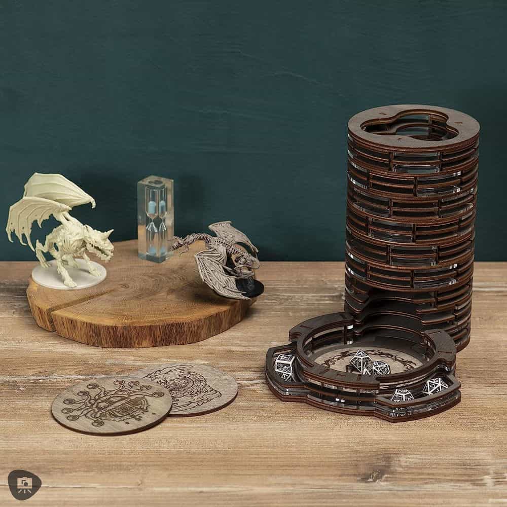 SMONEX Dice Tower Review - Product photo with staging with DND and other RPG accessories including dice