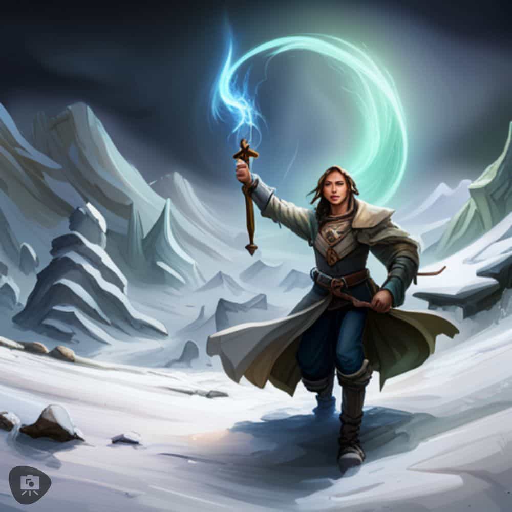 AI Enhanced Wargaming and Tabletop RPGs (Tips and Uses) - An ice mage walking through a wintery landscape with snow and ice on the ground with mountains in the backdrop