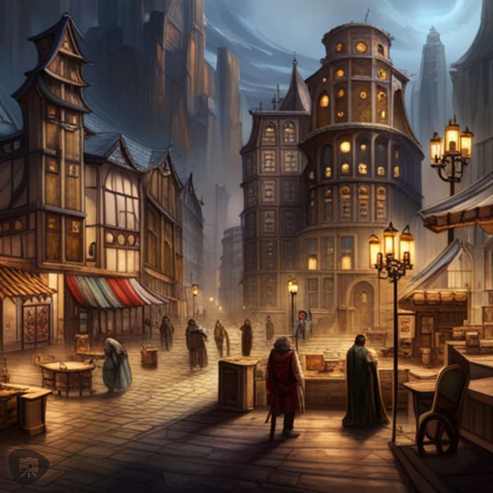 AI Enhanced Wargaming and Tabletop RPGs (Tips and Uses) - Ai art generated image of a bustling fantasy setting at night with a European feel