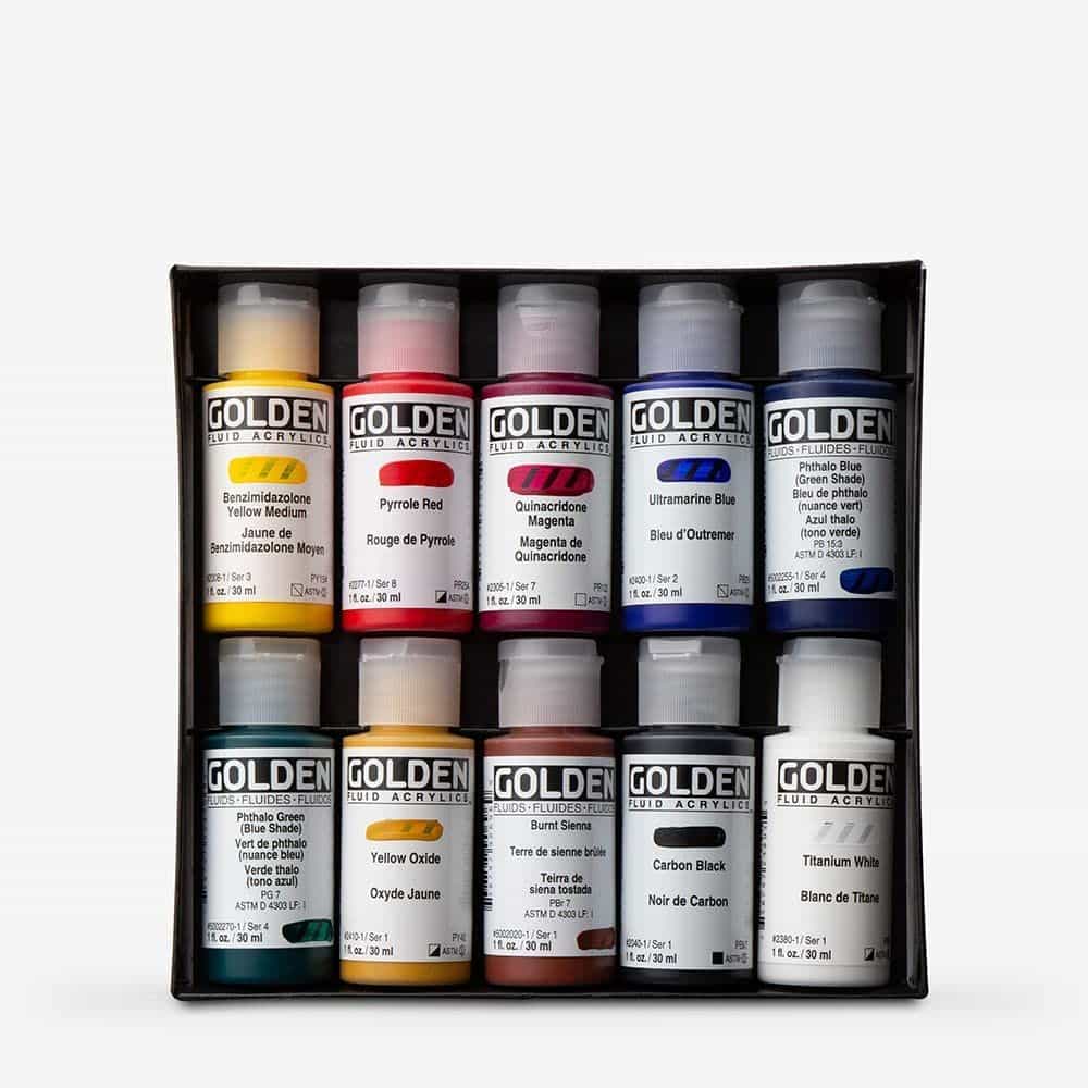 Understanding Acrylic Paint for Miniature Hobbies: Uses, Types, and Best Picks (Guide) - Golden fluid acrylic paints in their box flat lay photo