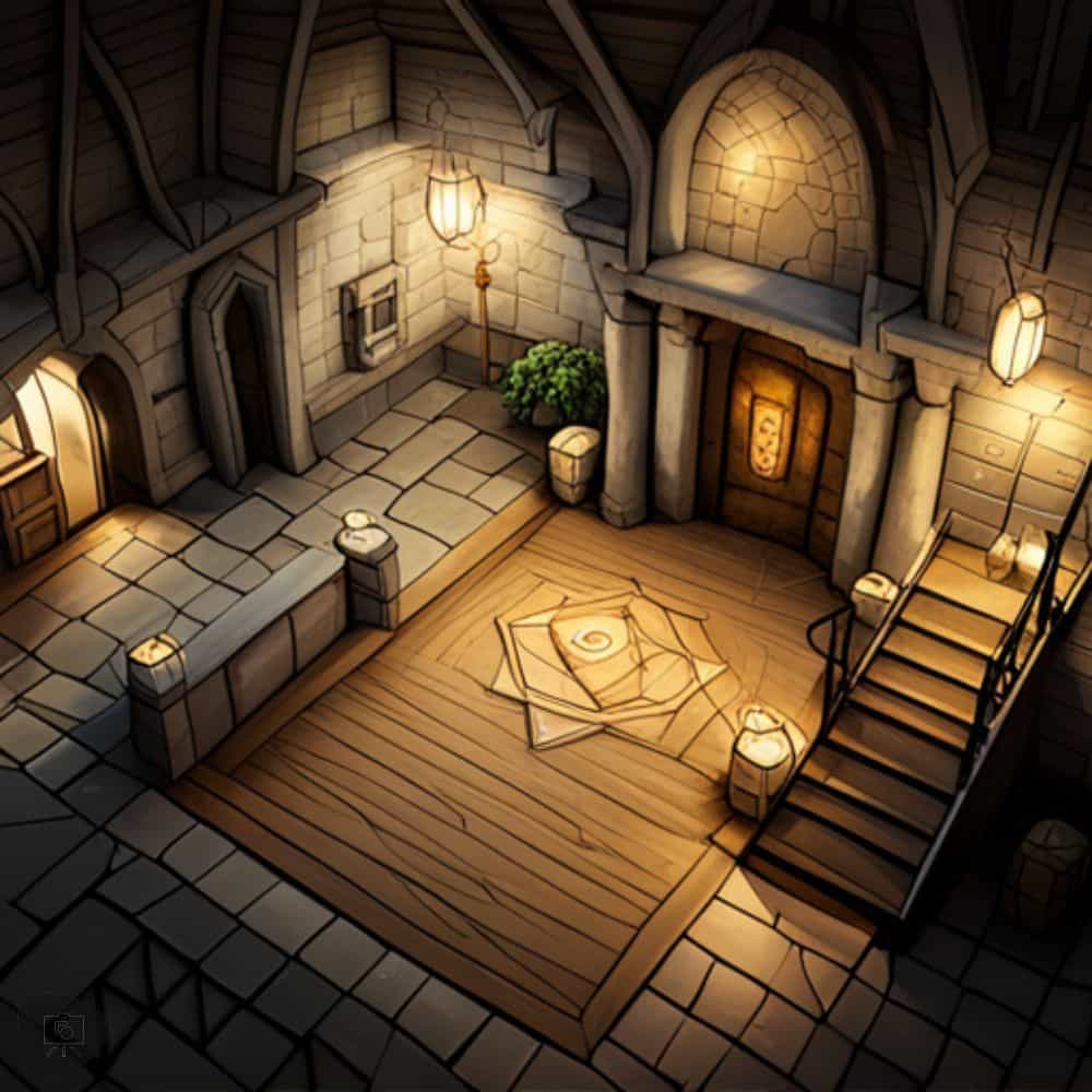 AI Enhanced Wargaming and Tabletop RPGs (Tips and Uses) - Medieval interior fantasy setting hand draw illustration with glowing lamps and lights around a stonework room