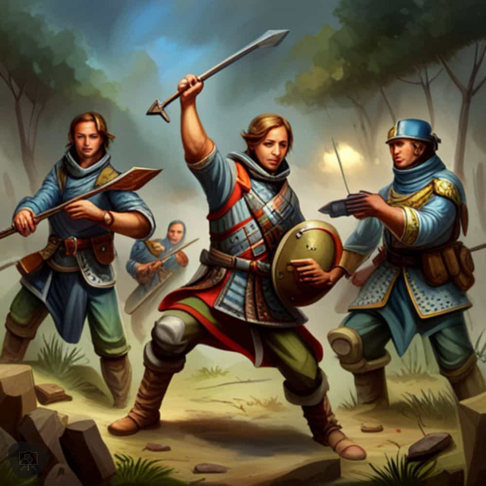 AI Enhanced Wargaming and Tabletop RPGs (Tips and Uses) - NPC character creation with AI Art generator 3 people holding weapons frontal view