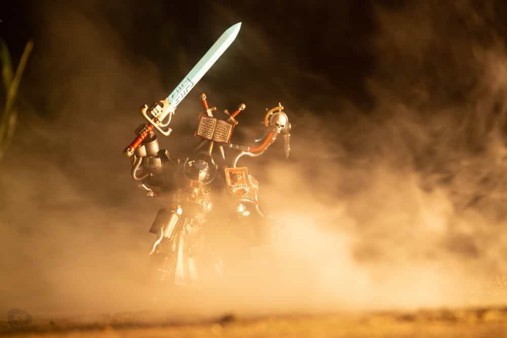 JoyToy Warhammer 40k Action Figure Toy Photography (Gregory Culley) - action figure toy photography - Guide to taking action figure toy photos - warm light smoke and light image of model wip