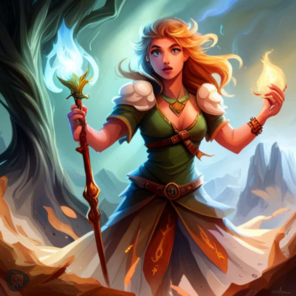AI Enhanced Wargaming and Tabletop RPGs (Tips and Uses) - A mage female with fire and ice magic emerging from her hands