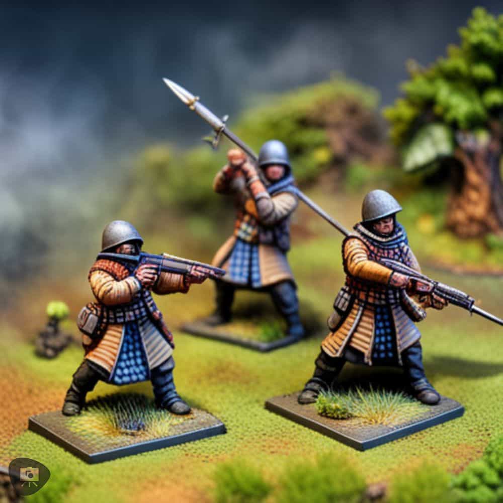 AI Enhanced Wargaming and Tabletop RPGs (Tips and Uses) - AI generated illustration of tabletop miniatures close up holding rifles on a grassy tabletop