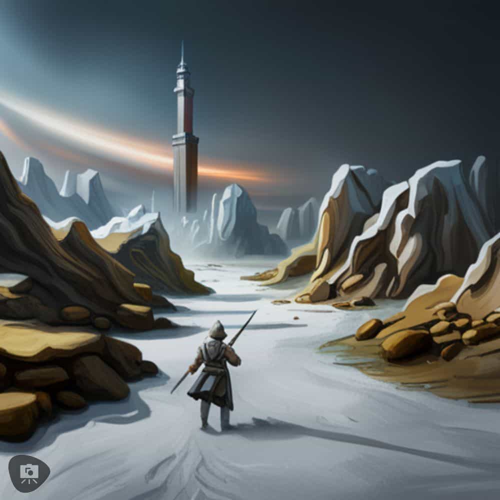 AI Enhanced Wargaming and Tabletop RPGs (Tips and Uses) - A lone soldier traverses a desolate landscape toward a lonesome foreboding tower in the background