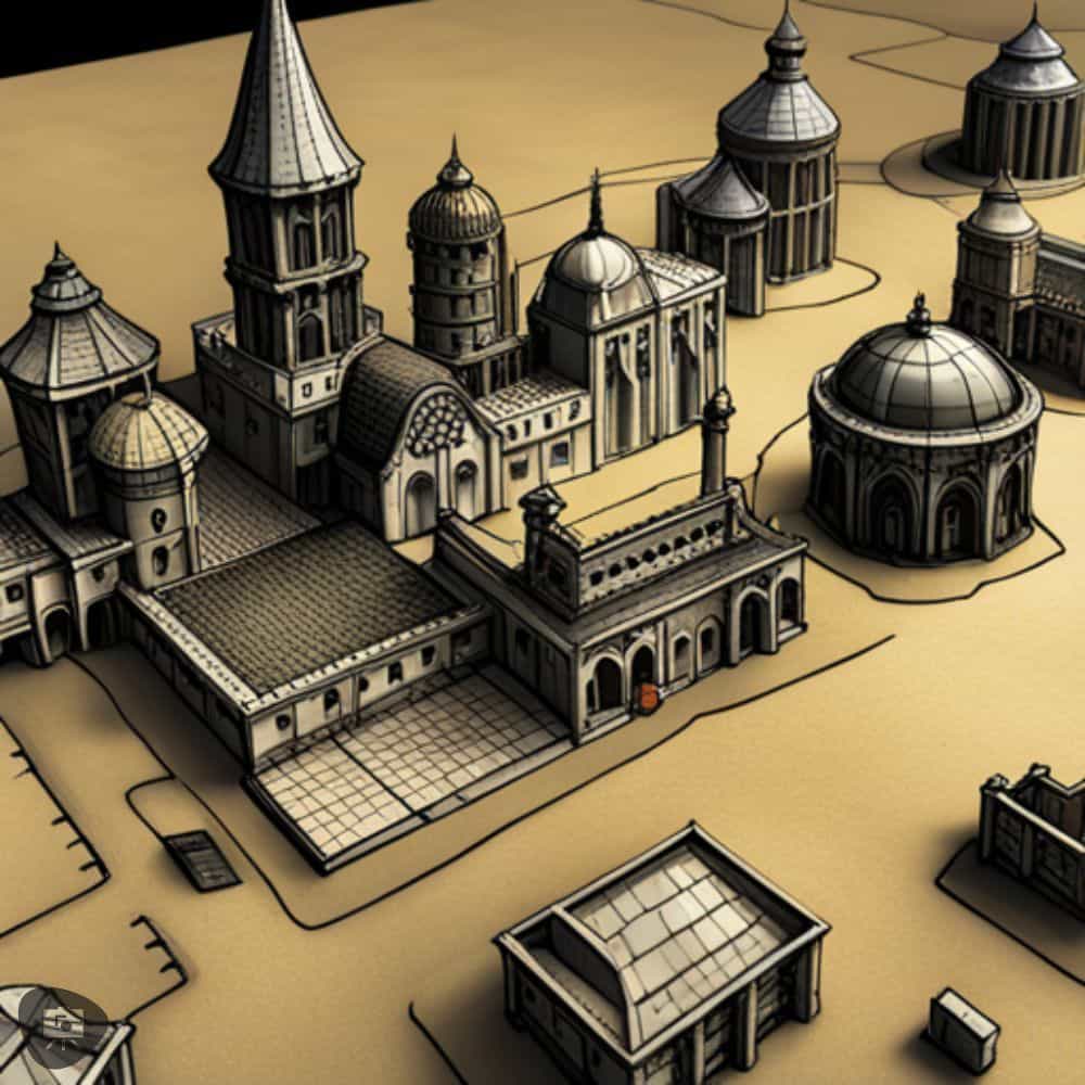 AI Enhanced Wargaming and Tabletop RPGs (Tips and Uses) - An AI-generated landscape with urban layout of buildings