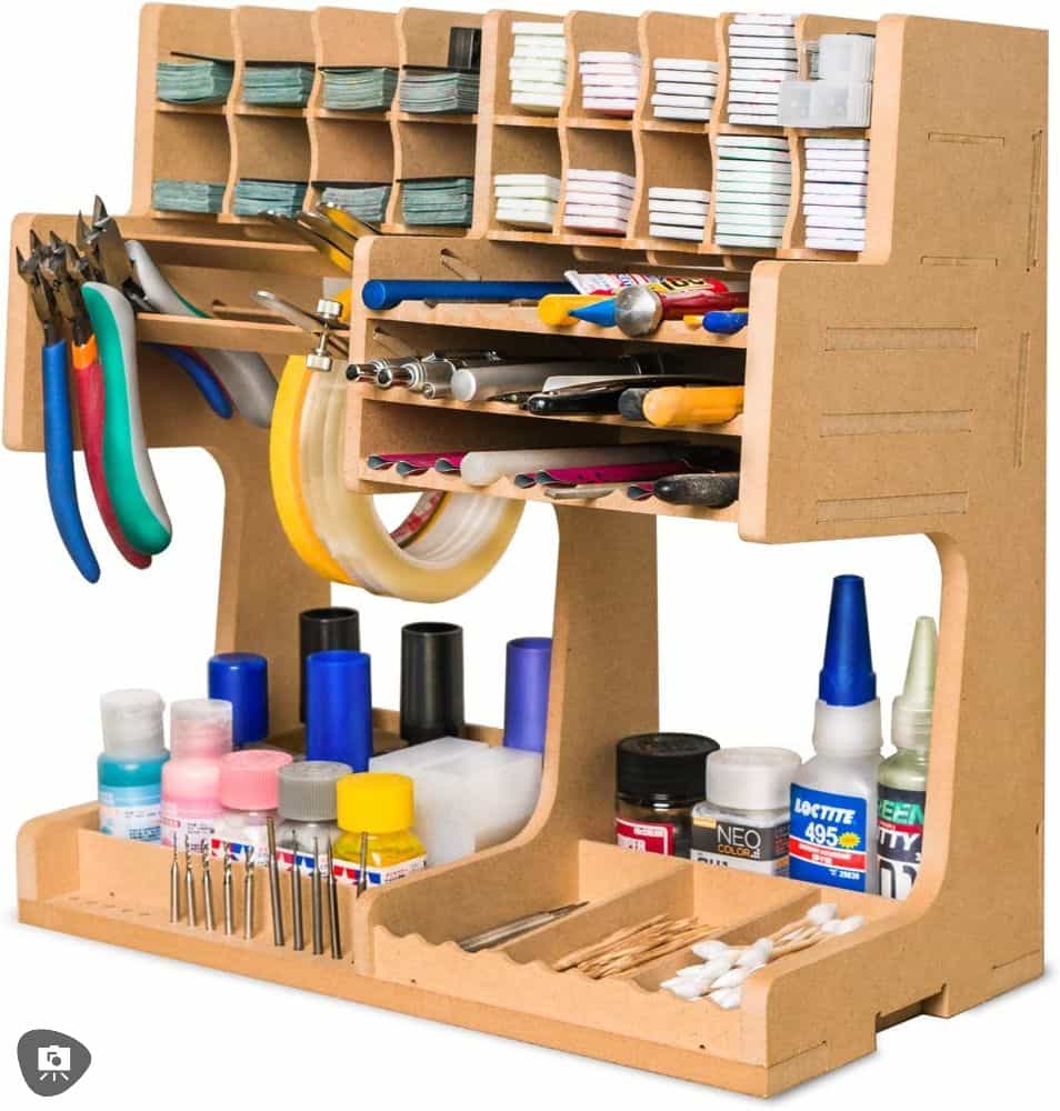 Review of Bucasso Hobby Tool Storage Rack: Mastering Craft Organization - hobby tool organizer review - Side angle product shot with full load out, including glues, drill bits, tape and much more!
