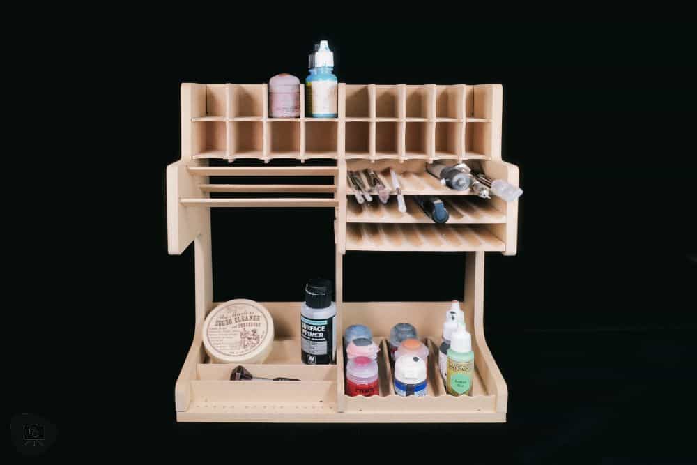 Review of Bucasso Hobby Tool Storage Rack: Mastering Craft Organization - hobby tool organizer review - Final product shot with sample tools, bottles, and paints in the rack.