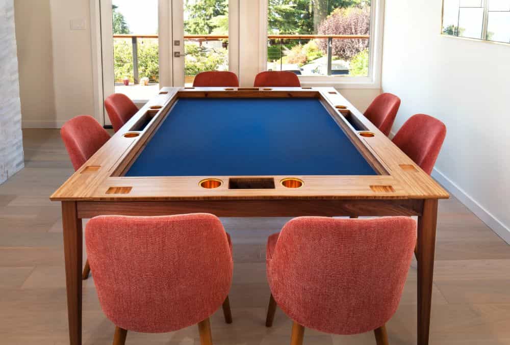 The Dresden gaming table with cover removed and blue felt table top with cup holders and hardwood panel sidings