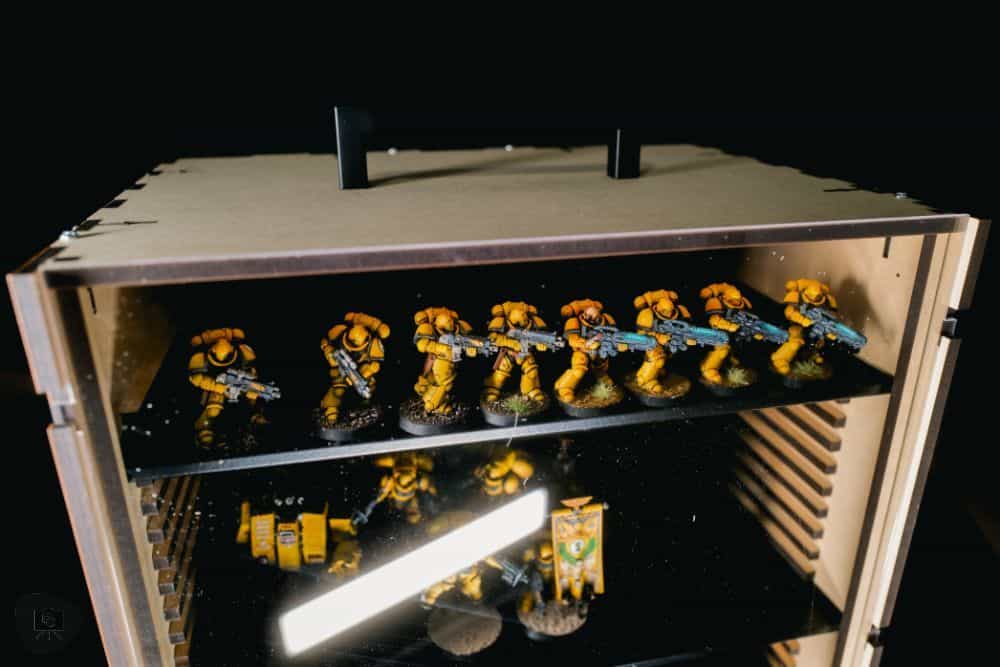 Best Budget Magnetic Miniature Carrying Case - Primaris Imperial Fist space marines lined up from the top down view of the transport storage case