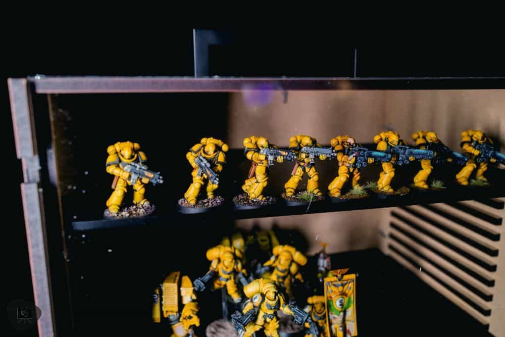 Best Budget Magnetic Miniature Carrying Case - Close up of my primaris space marines and intercessors lined up on the metal tray in the case