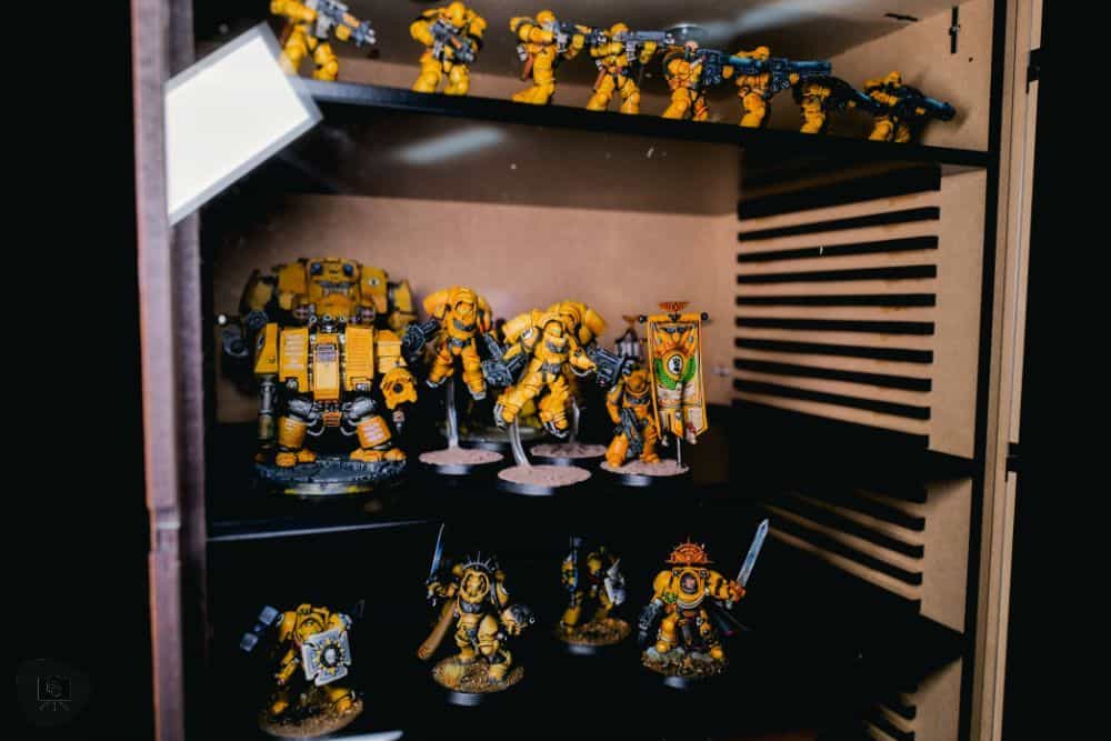 Best Budget Magnetic Miniature Carrying Case - close up of my painted miniatures behind the clear plastic wall